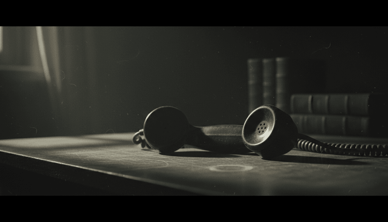 Close-up of a telephone receiver on a wooden desk in a dimly lit room