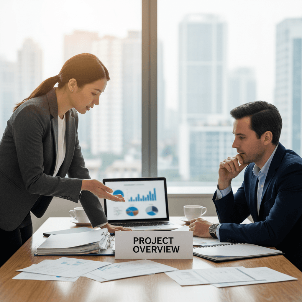 Business meeting with two people talking across table with documents