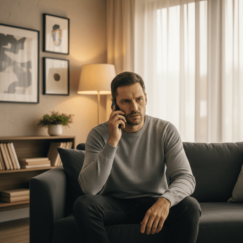 Man talking on phone at home in calm lighting