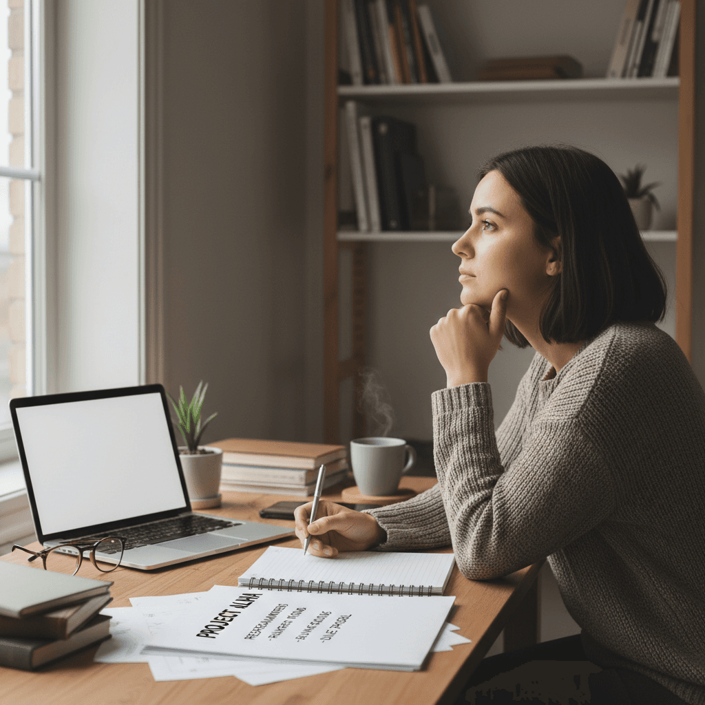 Person thinking at home desk writing notes on paper