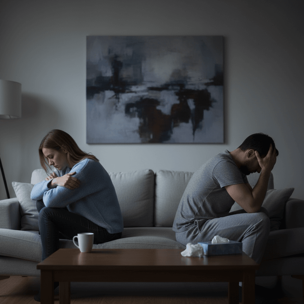 Couple sitting apart on couch having a difficult conversation