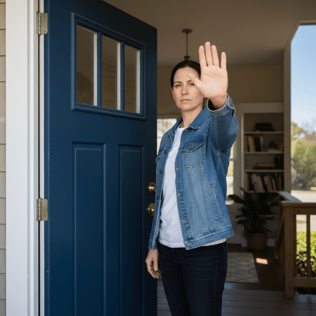 Person holding hand up in stop gesture at home door