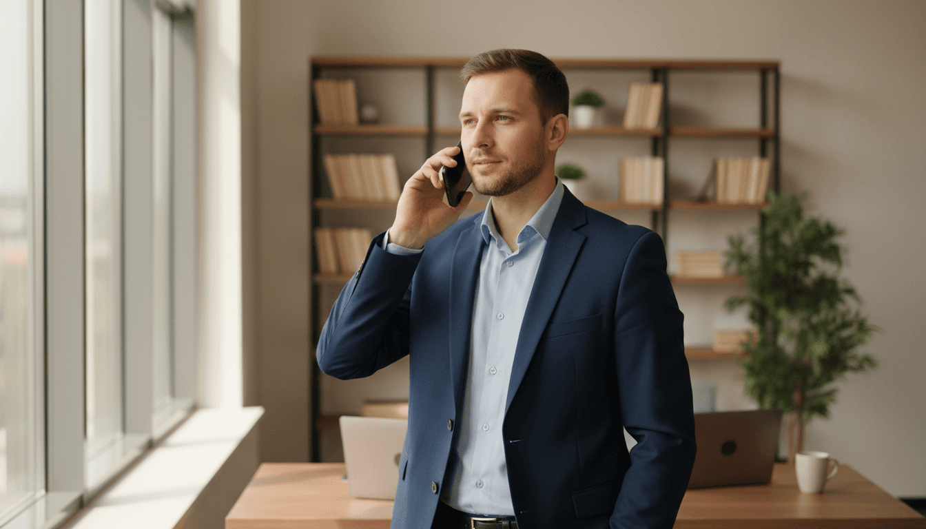 Professional caller speaking on the phone with a calm, direct expression