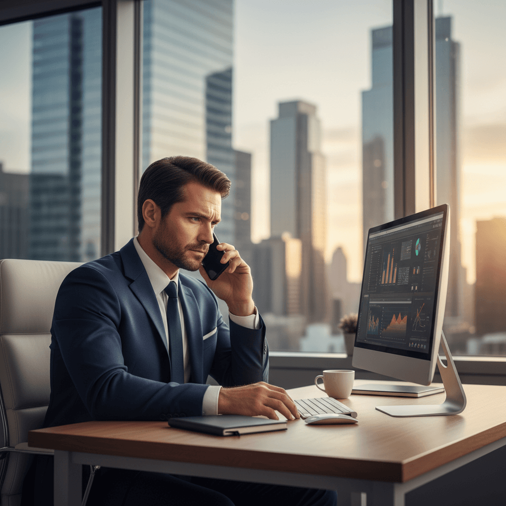 Professional at office desk on phone with serious expression