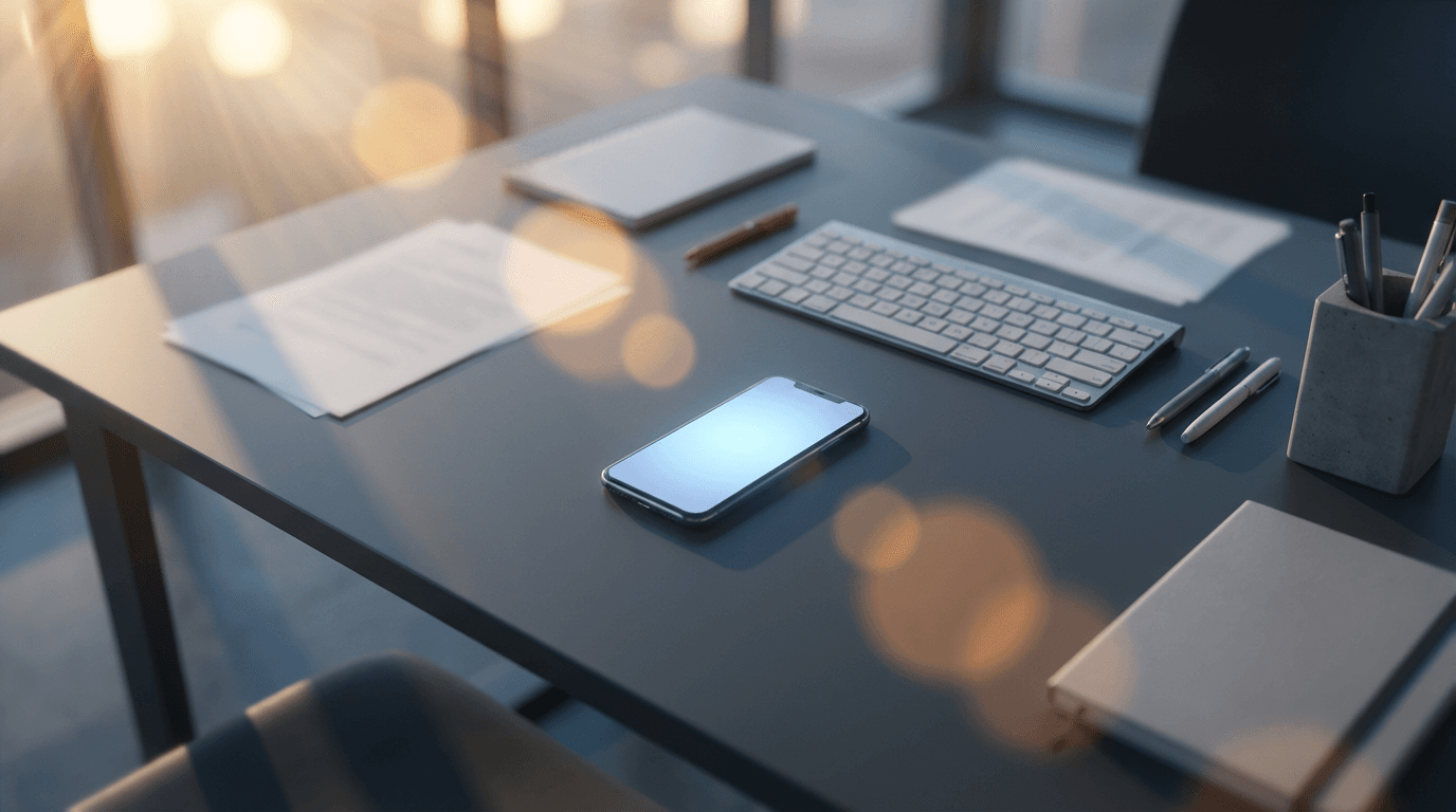Hand holding smartphone making a call on a clean modern desk
