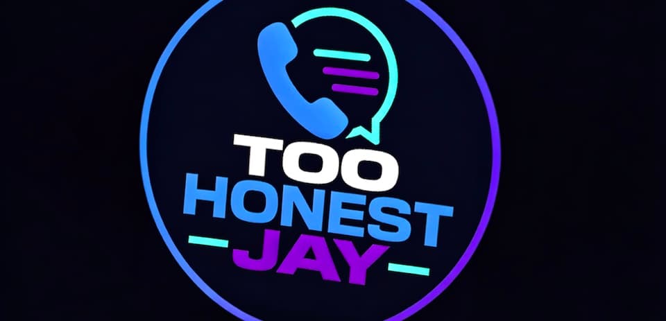 Circular logo for Too Honest Jay featuring a blue telephone handset and a speech bubble.